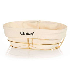 Biradlı Oval Ekmek Sepeti, Beyaz Bezli, 26x17x6,5 cm, Altın