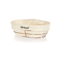 Biradlı Oval Ekmek Sepeti, Beyaz Bezli, 26x17x6,5 cm, Bakır