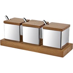 Groovy Ahşap Standlı 3'lü Baharatlık Takımı, Kare, Altın Rengi