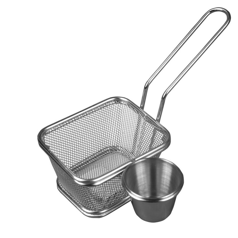 Patates Kızartma Sunum Sepeti, Mini Kare, Sosluklu, Uzun Tutuculu Kol, 9x10x6 cm