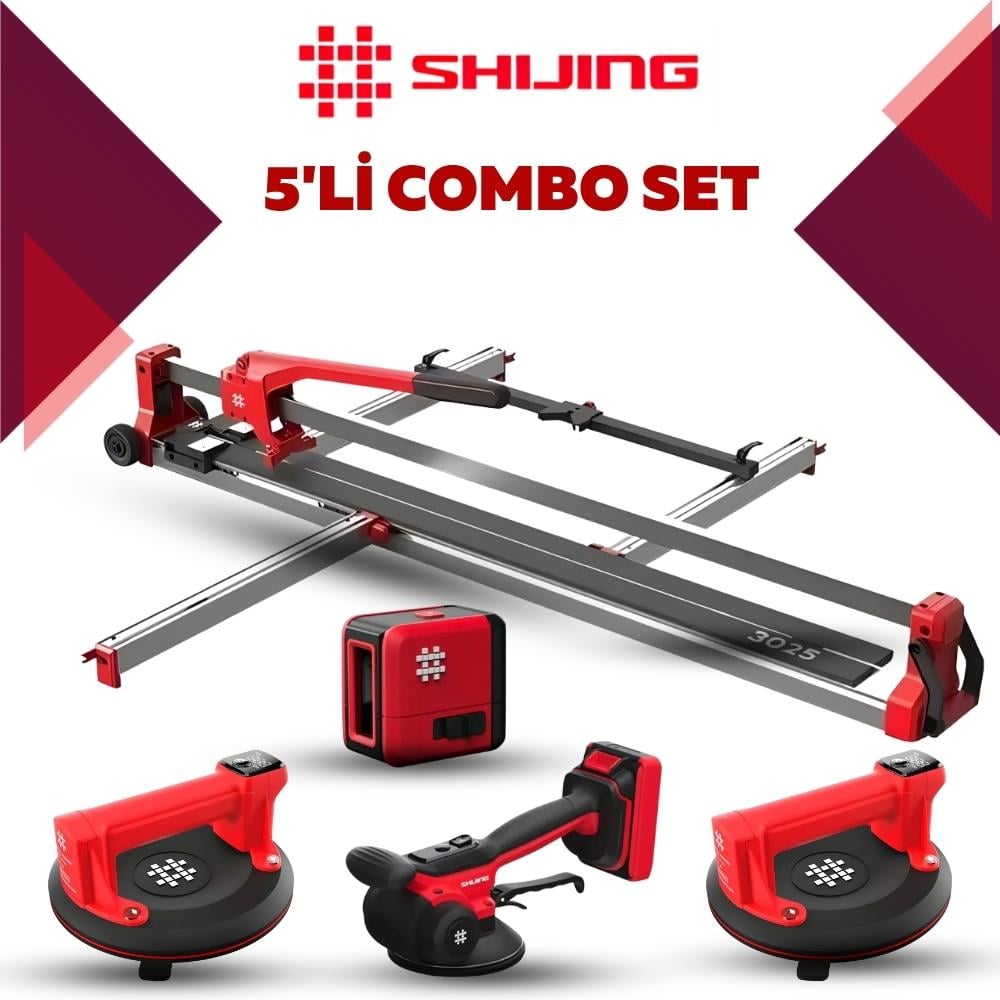 SHIJING TOOLS Manuel Kesici Dijital Vantuz Fayans Vibratörü ve Lazer Metre 5'li Pro Set