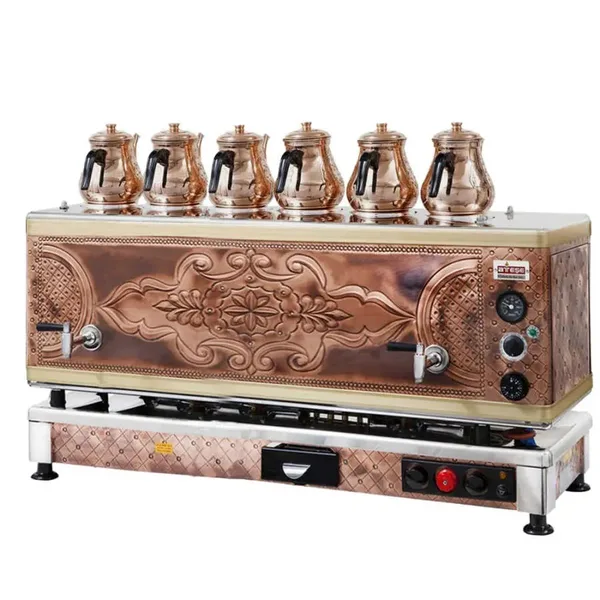 Ateşe Gold Otomatik Gazlı Elektrikli Bakır 6 Demlikli Çay Kazanı, 65 Litre