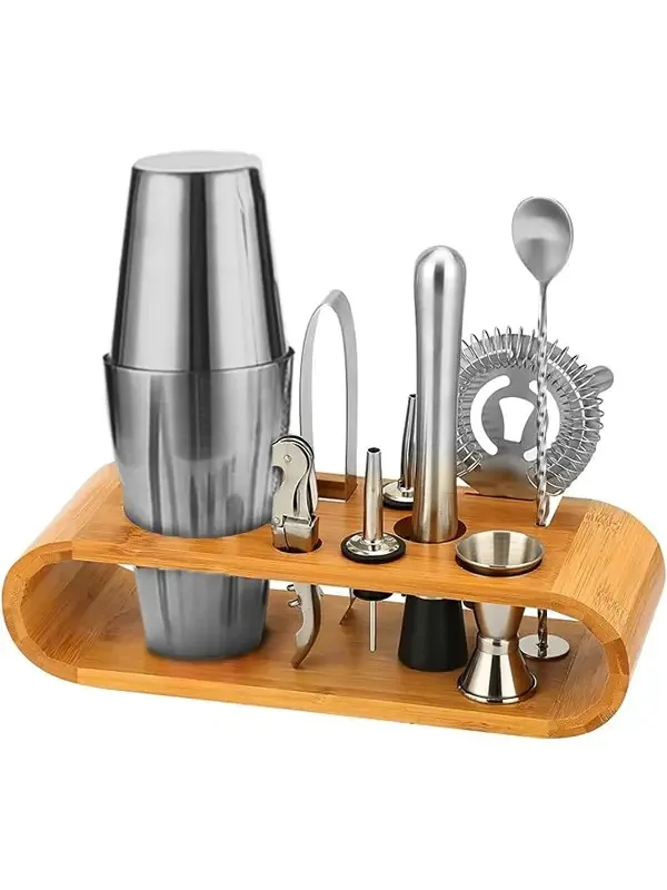 Vosco  VSC-900B 10 Parça Ahşap Standlı Boston Shaker Kokteyl Seti, 750 ml