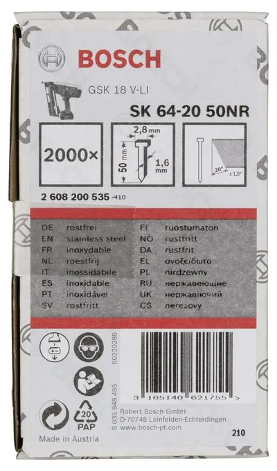 Bosch - Başsız Çivi 20ᵒ 50 mm Paslanmaz 2000li