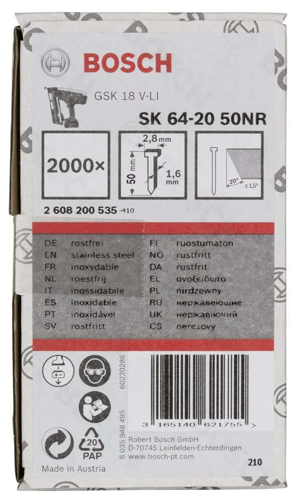 Bosch - Başsız Çivi 20ᵒ 50 mm Paslanmaz 2000li