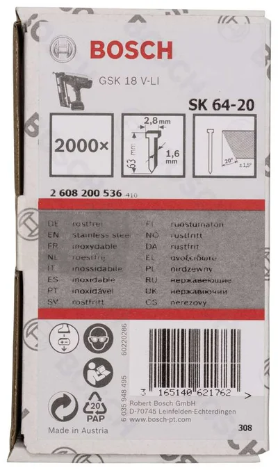 Bosch - Başsız Çivi 20ᵒ 63 mm Paslanmaz 2000li