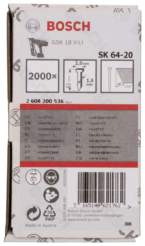 Bosch - Başsız Çivi 20ᵒ 63 mm Paslanmaz 2000li