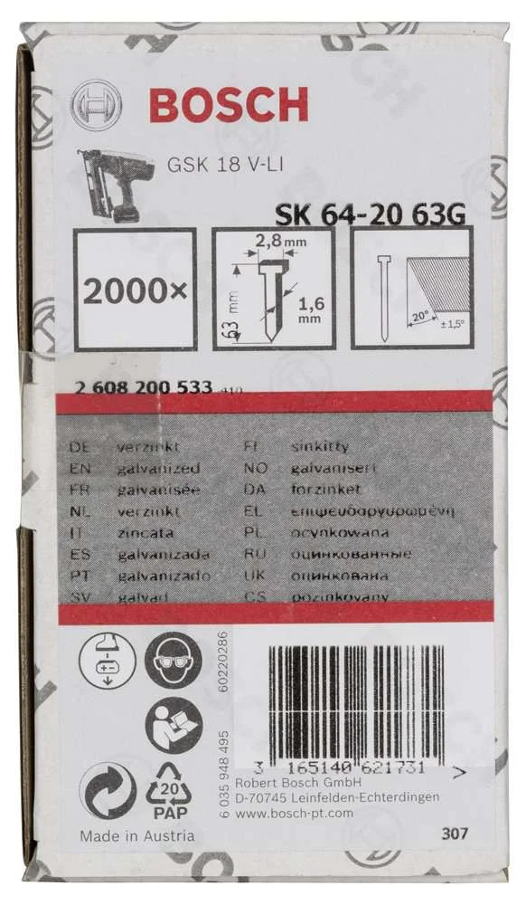 Bosch - Başsız Çivi 20ᵒ 63 mm Galvanizli 2000li