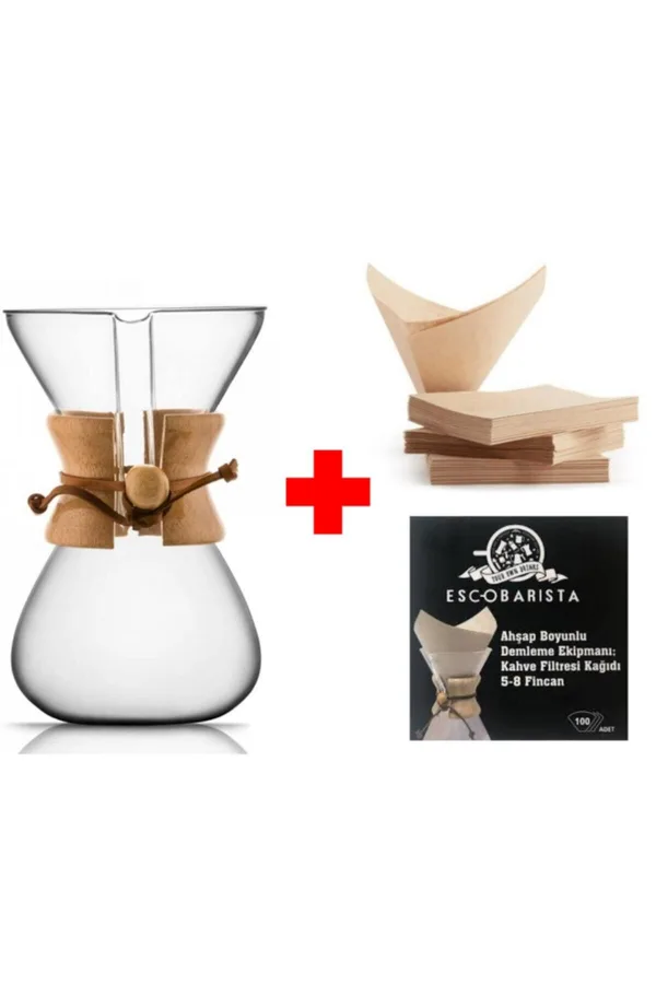 AHŞAP BOYUNLU CAM DEMLEME EKIPMANI 6 CUPS (800 ML) & FILTRE KAĞIDI 100'LÜ PAKET