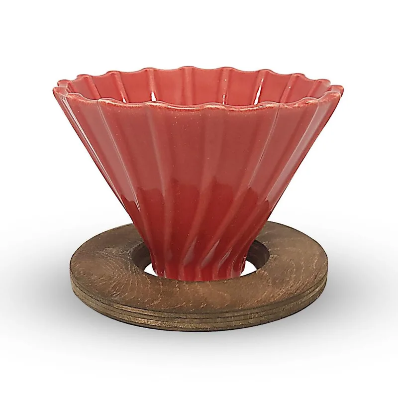 Horecamark Ahşap Standlı V60 Seramik Dripper No.2 Kırmızı