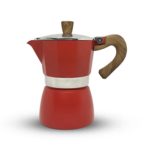 Horecamark Aluminyum Moka Pot 3 Kupa - Kırmızı Renk - Ahşap Kulp