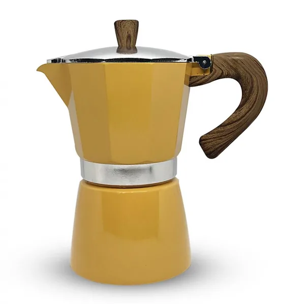 Horecamark Aluminyum Moka Pot 3 Kupa - Sarı Renk - Ahşap Kulp