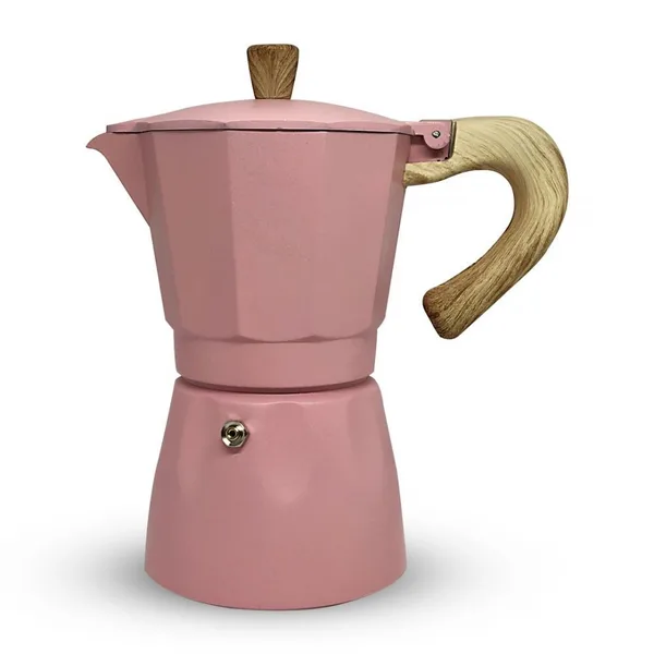 Horecamark Aluminyum Moka Pot 6 Kupa - Pembe Renk - Ahşap Kulp