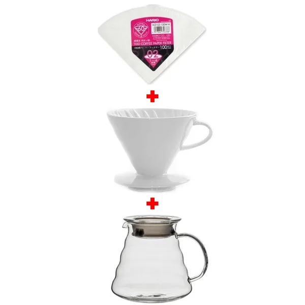 Horecamark V60 No: 2 Porselen Dripper Beyaz + Cam Kahve Servis Potu  600 mm + Hario V60 No: 2 Filtre Kağıdı 100'lü Paket