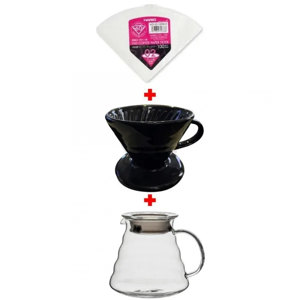Horecamark V60 No: 2 Porselen Dripper Siyah + Cam Kahve Servis Potu  600 mm + Hario V60 No: 2 Filtre Kağıdı 100'lü Paket