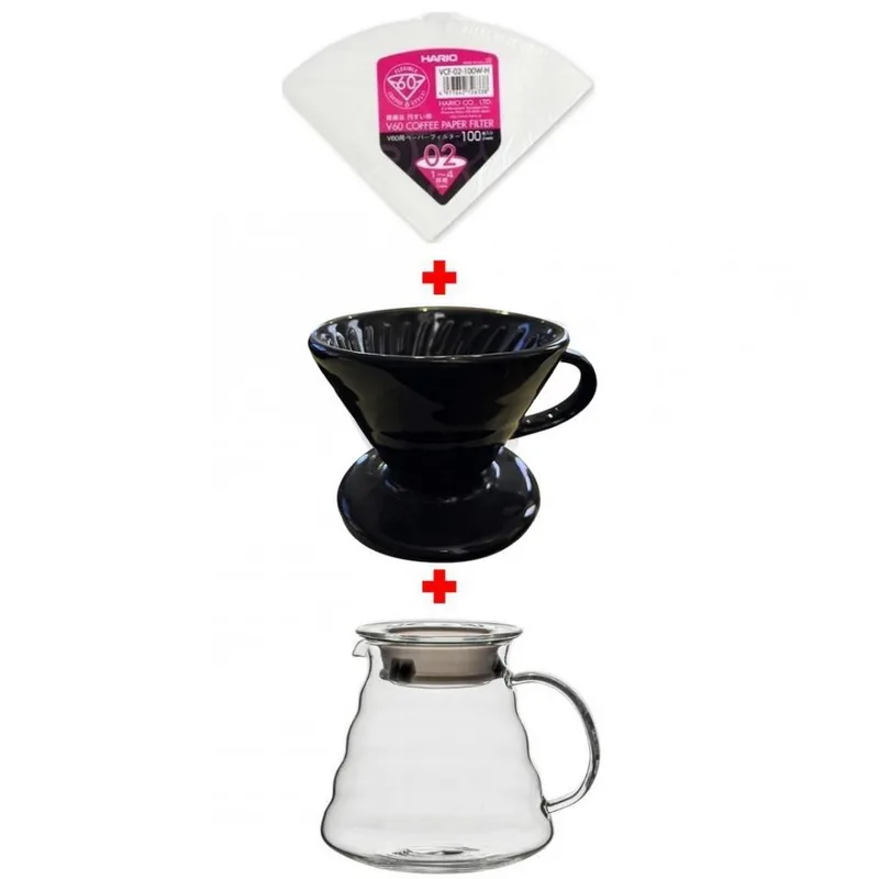 Horecamark V60 No: 2 Porselen Dripper Siyah + Cam Kahve Servis Potu  600 mm + Hario V60 No: 2 Filtre Kağıdı 100'lü Paket