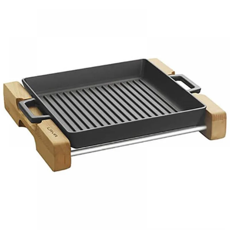 Izgara Tava Döküm Metal Kulplu Eco Ahşap Standlı 26x26 1,8 Litre
