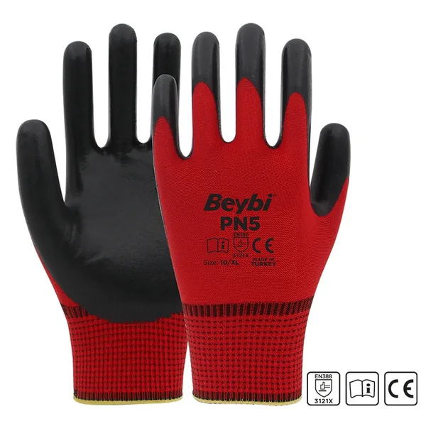 Beybi PN5 Kırmızı Polyester Örme Nitril Eldiven