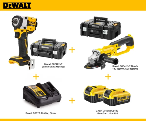 Dewalt DCG412NT  Avuç Taşlama ve DCF922NT Somun Sıkma Makinesi Seti  (2x4 Ah Akü ve Şarj Cihazı)
