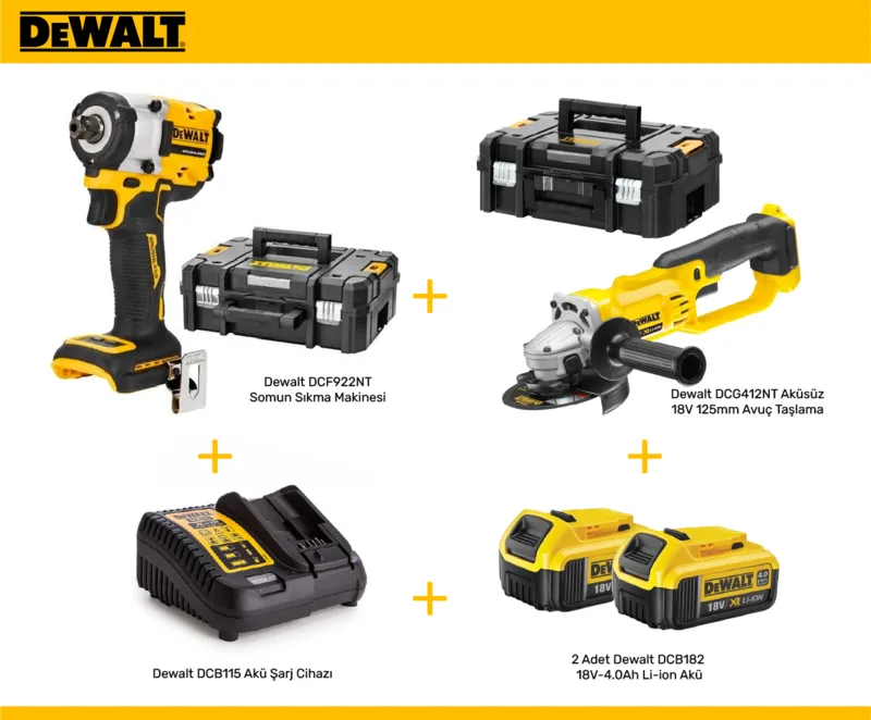 Dewalt DCG412NT  Avuç Taşlama ve DCF922NT Somun Sıkma Makinesi Seti  (2x4 Ah Akü ve Şarj Cihazı)