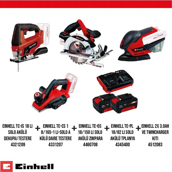 Einhell TC-JS 18 Li Dekupaj Testere, TE-CS 18/165-1 Li Daire Testere,TE-OS 18/150 Li Zımpara, TE-PL 18/82 Li Tplanya ve Twincharger Kiti Seti
