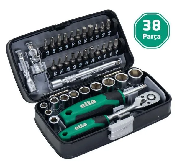 Elta 1/4'' Altıköşe Cırcırlı Lokma Anahtar ve Bits Uç Seti 38 Parça