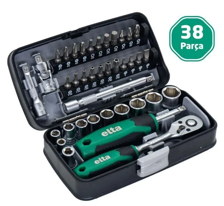 Elta 1/4'' Altıköşe Cırcırlı Lokma Anahtar ve Bits Uç Seti 38 Parça