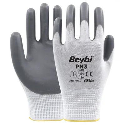 PN3 Gri Beyaz Polyester Örme Nitril Eldiven