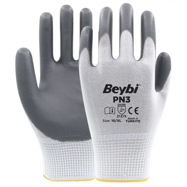 PN3 Gri Beyaz Polyester Örme Nitril Eldiven