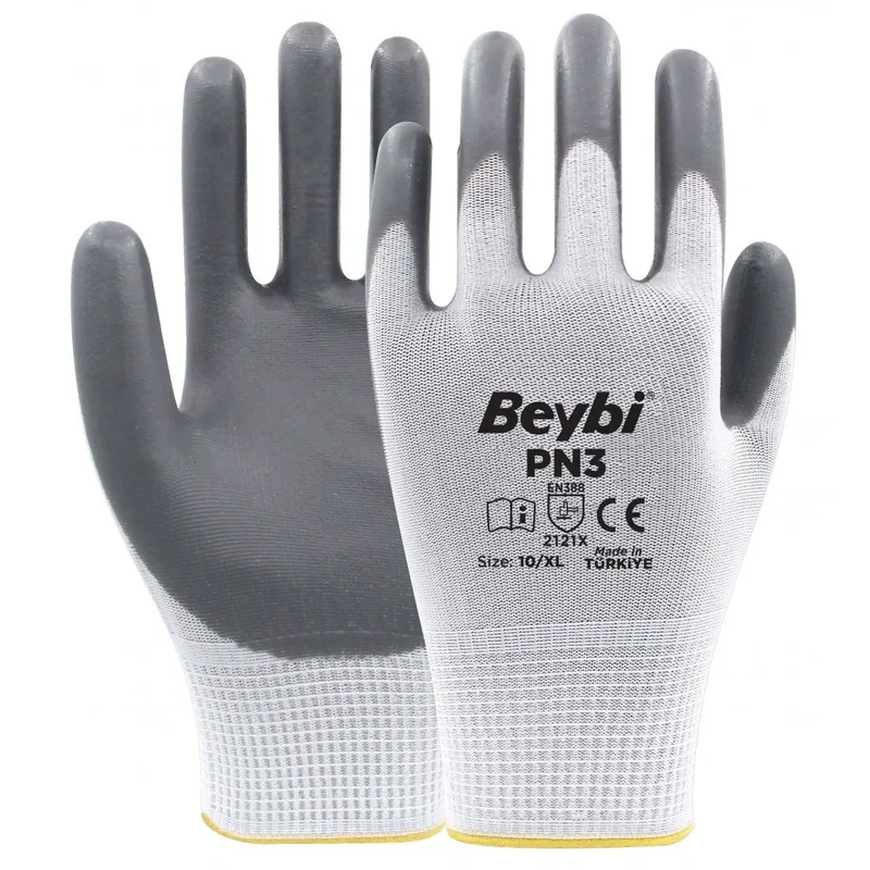 PN3 Gri Beyaz Polyester Örme Nitril Eldiven