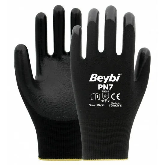 PN7 Siyah Polyester Örme Nitril Eldiven