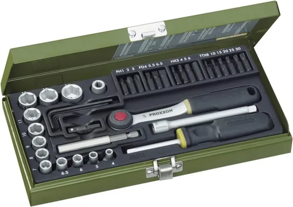 Proxxon 23070 1/4˝ Cırcırlı Kollu 39 Parçalı Lokma ve Bits Takımı