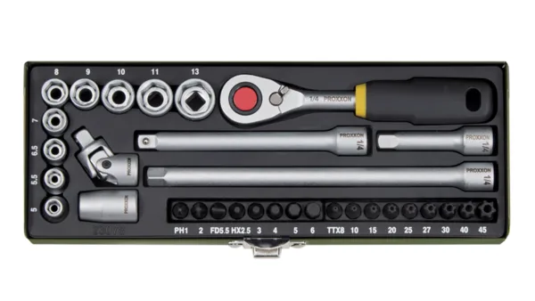 Proxxon 23078 1/4˝ Cırcırlı Kollu 32 Parçalı Lokma ve Bits Takımı