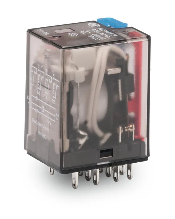 858-150 24VDC, 4x5A kontak röle, manuel çektirme, dahili LED, koruma diyod fonksiyonlu