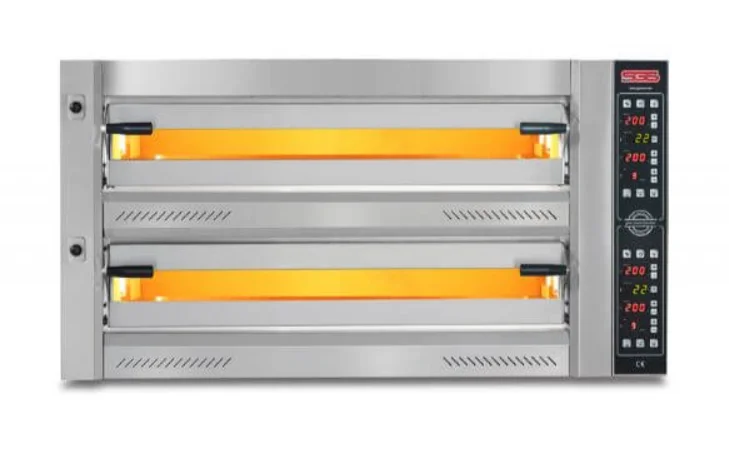 SGS Elektrikli Çift Katlı 12 Tava Kapasiteli Üstten Açılmalı Profesyonel Pizza Fırını PZ-10575-DE