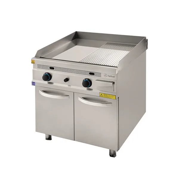 Turhan Çelik Gazlı Pleyt Izgara Yarı Oluklu Yarı Düz Alt Dolaplı Krom Kaplı 80x93x85 cm TC.9IGK800
