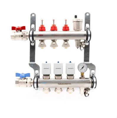 Haustherm Debi Göstergeli Paslanmaz Kolektör, Ağızlı, Gidiş/Dönüş Set, Otomatik Hava Purjörü ve Manometre Dahil