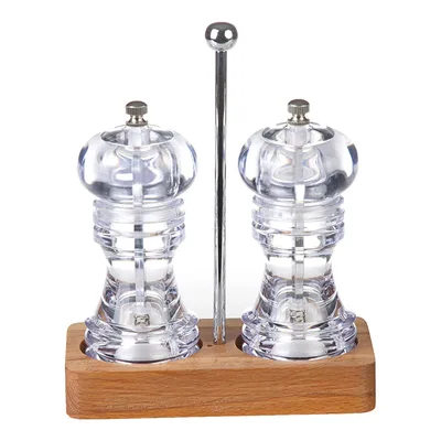 Biradlı Akrilik Tuz Karabiber Değirmeni Takımı, 15 cm, Ahşap Altlı
