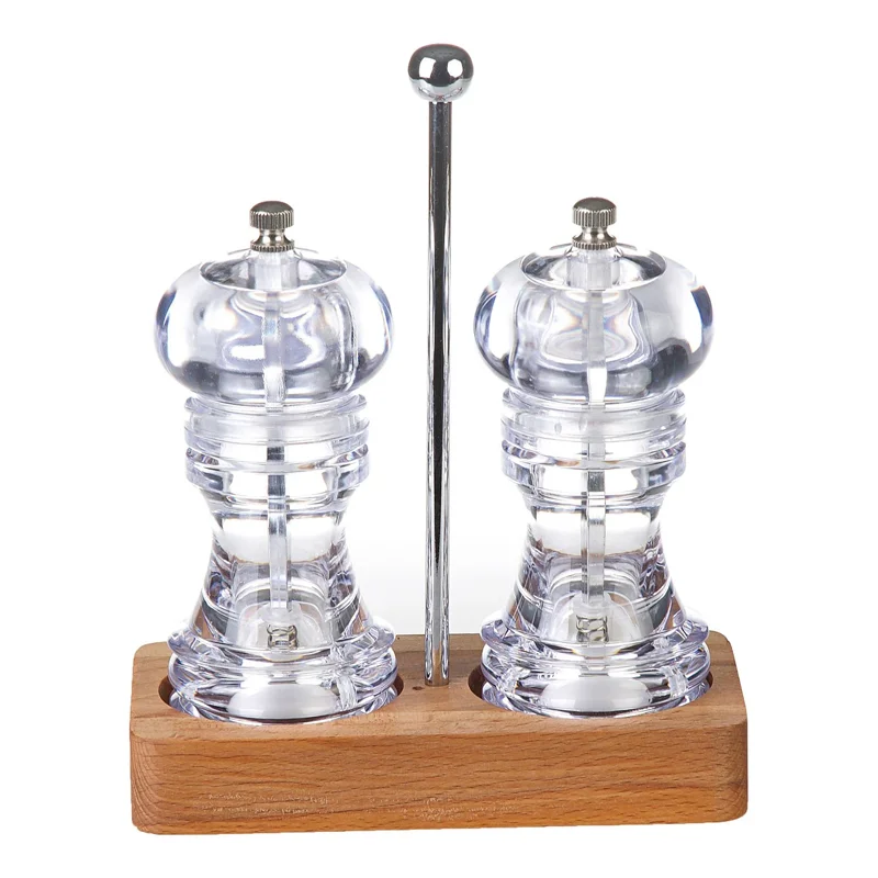 Biradlı Akrilik Tuz Karabiber Değirmeni Takımı, 15 cm, Ahşap Altlı