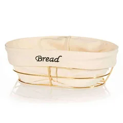 Biradlı Oval Ekmek Sepeti, Beyaz Bezli, 26x17x6,5 cm, Altın