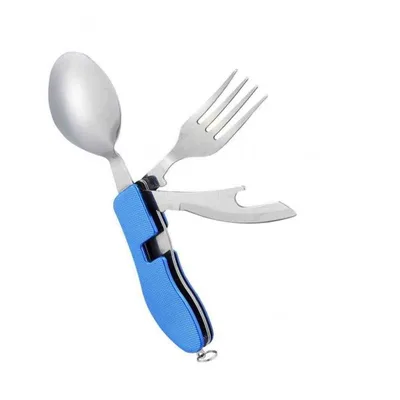 Portatif Katlanır Kamp Çatal Kaşık Bıçak Açacak Seti - Mavi