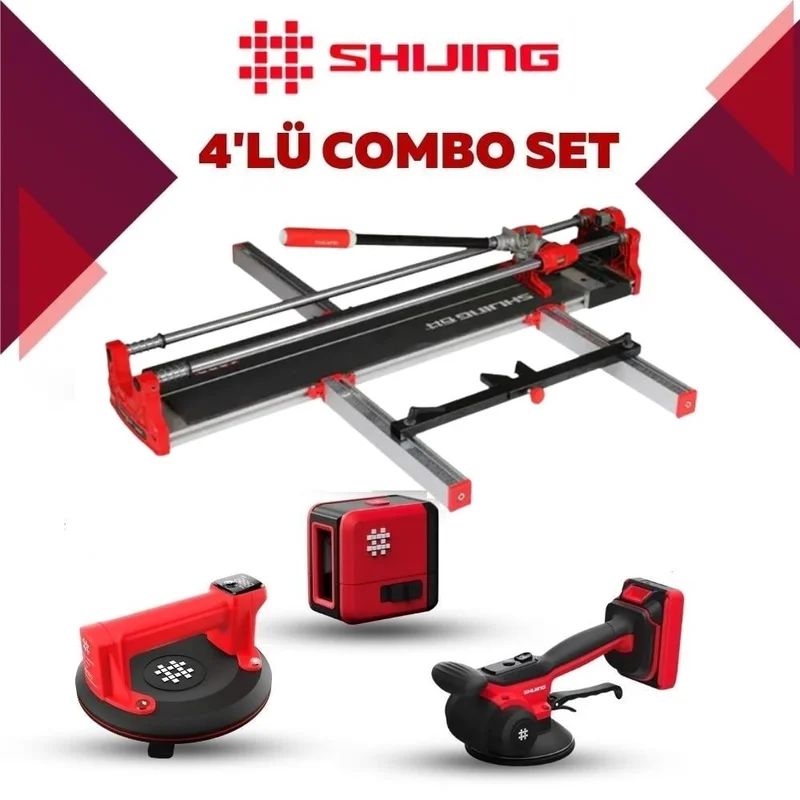 SHIJING TOOLS Manuel Kesici Dijital Vantuz Fayans Vibratörü ve Lazer Metre 4'lü Pro Set