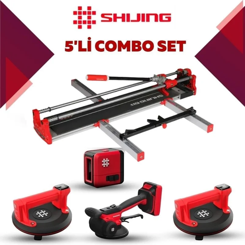 SHIJING TOOLS Manuel Kesici Dijital Vantuz Fayans Vibratörü ve Lazer Metre 5'li Pro Set