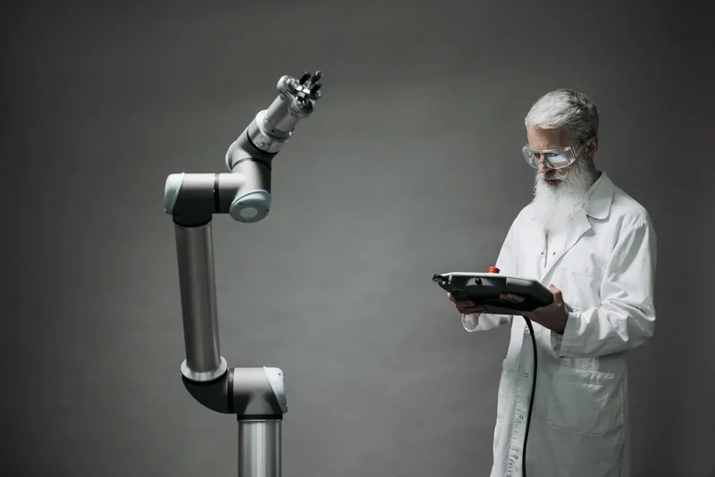 Mühendis, el terminaliyle kolaboratif robot kolunu programlıyor