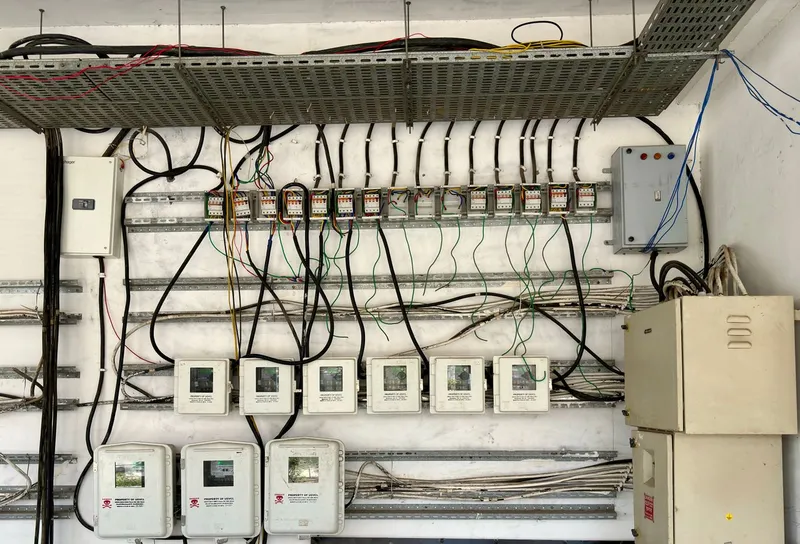 Endüstriyel elektrik panosu içinde kablolama, şalter ve röleler