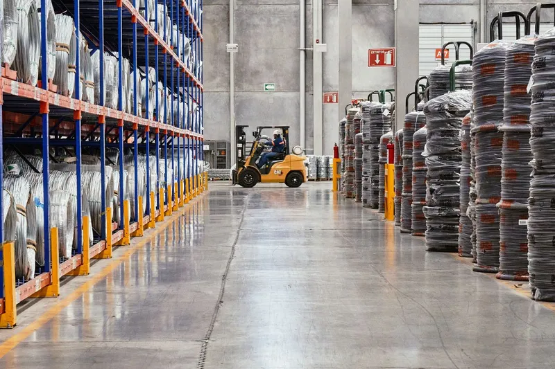 Forklift depo koridorunda raflar arasında çalışıyor